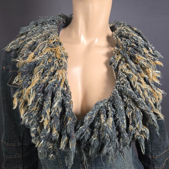 Vintage Y2K Parasuco Fringed Denim Jean Jacket Size M Boho Grunge Zip Up - Picture 2 of 11